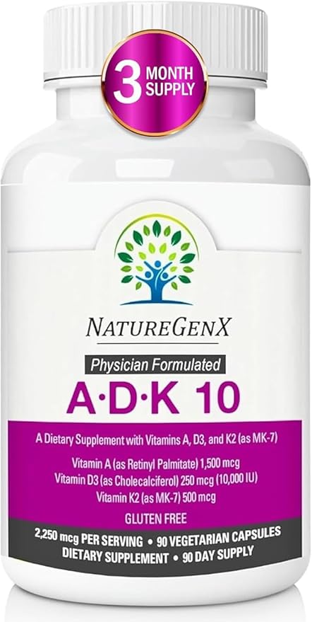 ADK10 – ADK Vitamin Supplement | High Potency Vitamins A D3 (10000 IU) &amp K2 MK-7 for Bone Heart &amp Immune Health | 90 Tiny Capsules | 3 Month Supply | Non-GMO Gluten Free