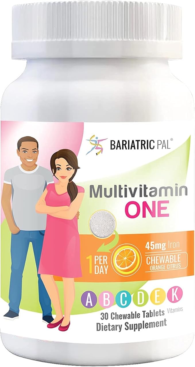 BariatricPal 30-Day Bariatric Vitamin Bundle Multivitamin ONE 1 per Day! with 45mg Iron Chewable - Orange Citrus Easy Swallow Calcium Citrate (600mg) and D3 Coated Tablets