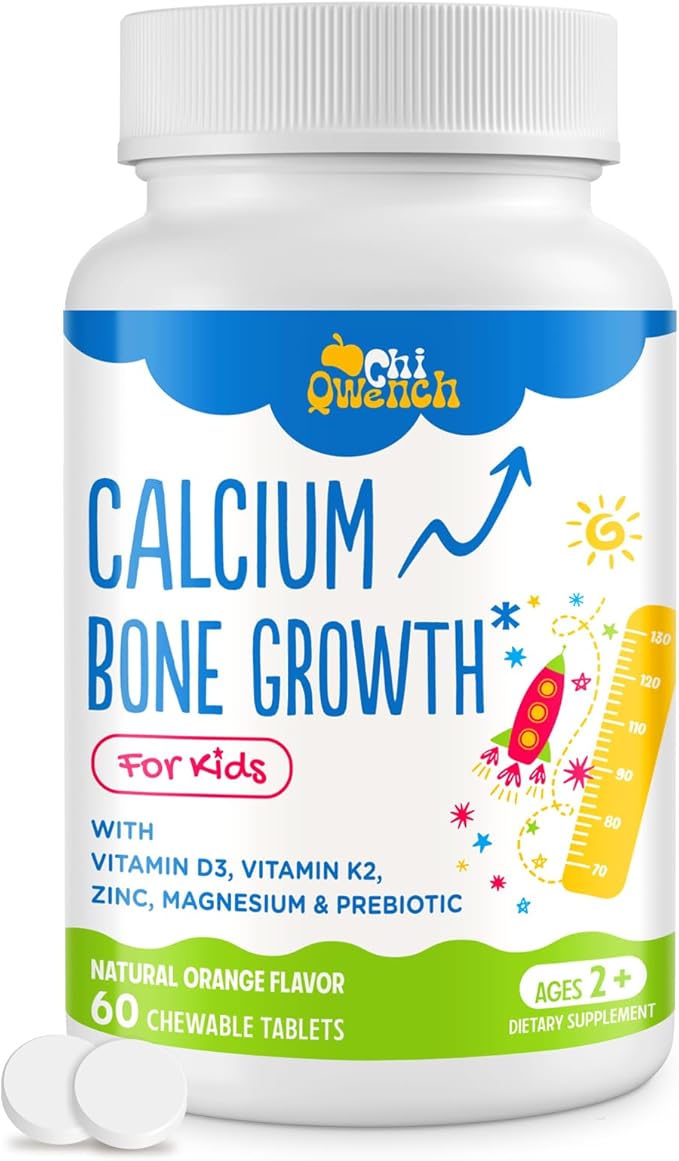 500 MG Calcium Supplement with Vitamin D3 &amp K2 Zinc Magnesium &amp Prebiotics. Kids Vitamins for Kids' Height. Bone Strength High Absorption Orange Chewables Non-GMO Gluten Free 60 Tabs