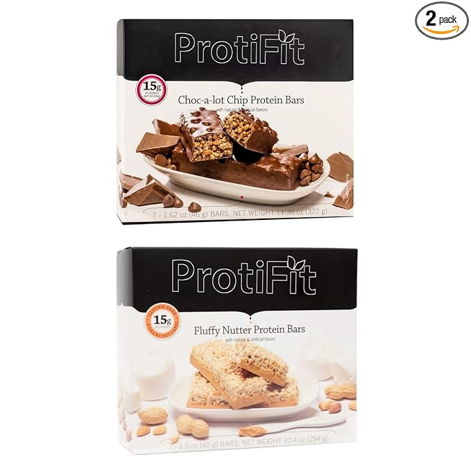 PROTIFIT - Low Calorie Choc-A-Lot Chip &amp Fluffy Nutter Protein Bar 2 Pack High Protein 15g Protein Low Carb Low Sugar Ideal Protein Compatible 7 Servings Per Box (2 Pack)