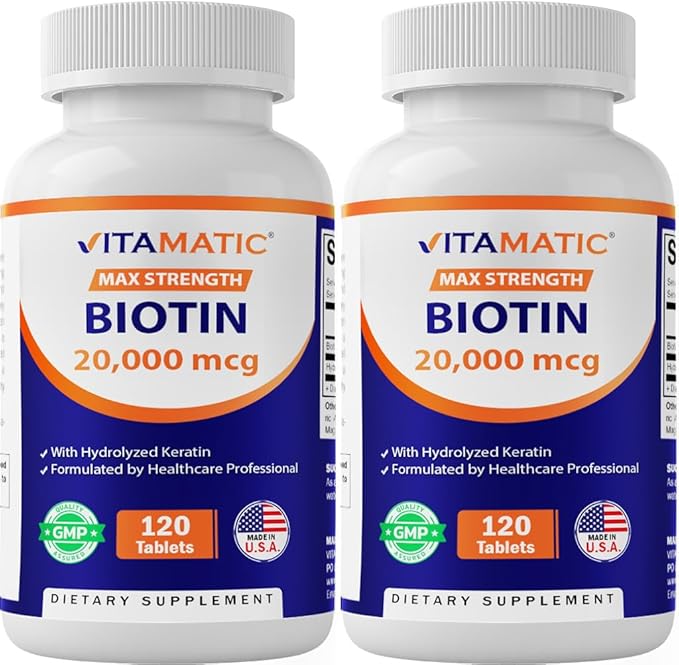 Vitamatic High Potency Biotin 20000 mcg (20mg) with Keratin 100mg - 120 Vegetarian Tablets - Biotin Supplements for Healthy Hair Skin &amp Nails for Adults (120 Count (Pack of 2))