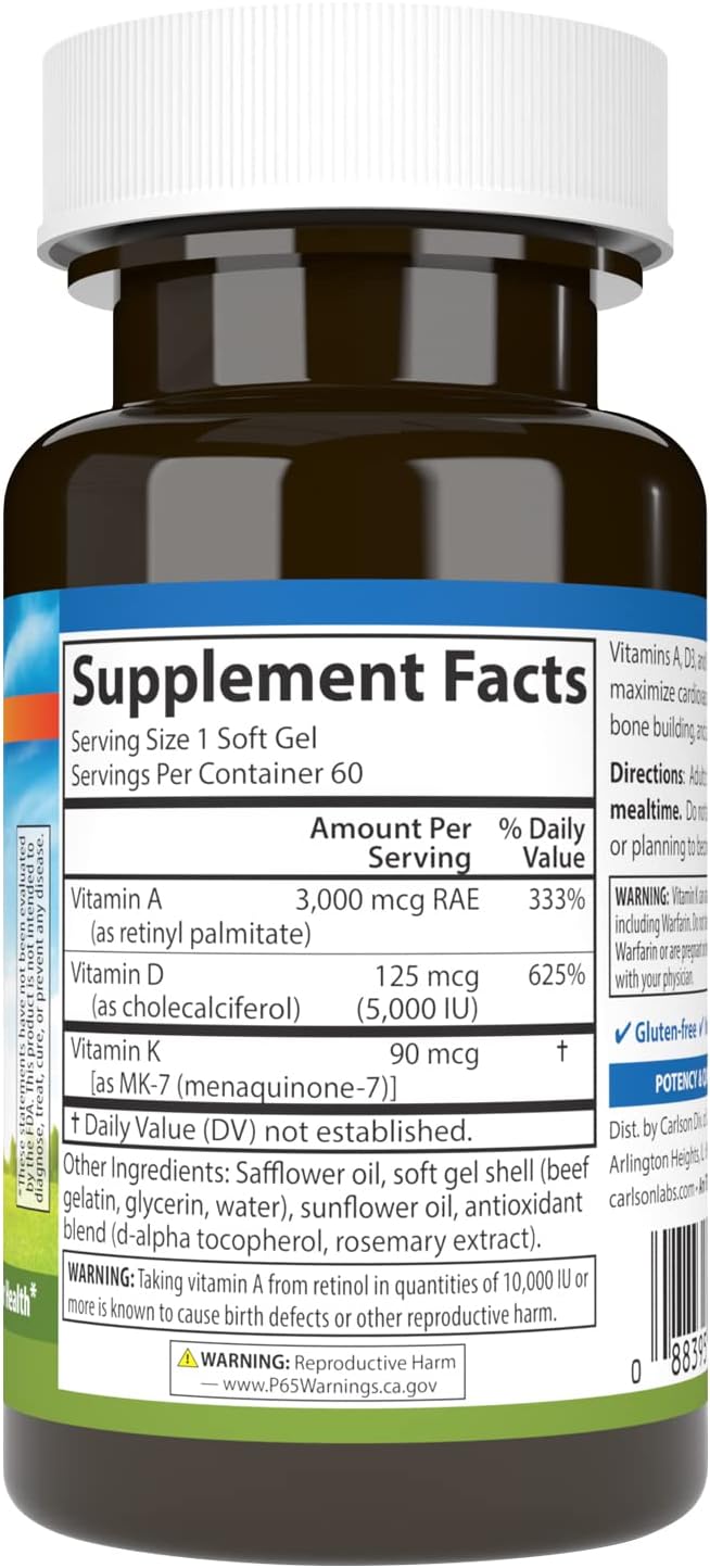 Carlson - Vitamins A D3 K2 3000 mcg RAE Vitamin A 125 mcg Vitamin D3 90 mcg Vitamin K2 as MK-7 Bone Building Calcium Utilization 60 Soft Gels