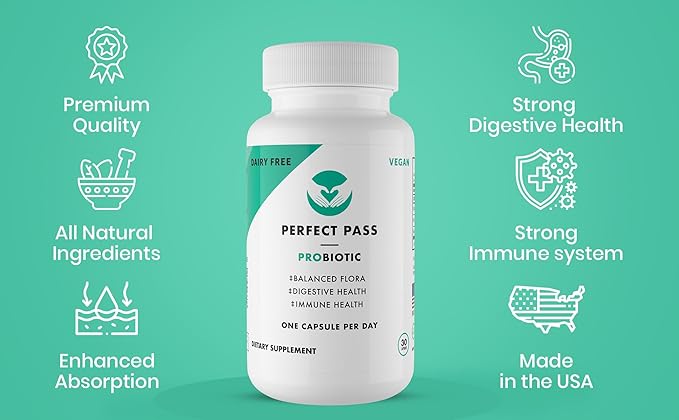 PERFECT PASS Probiotic Natural Bacillus Spore Human Strains with 100% Survival Rate Through Stomach Acid and Bile for Gut and Digestive Wellness Vegetarian 30 Capsules