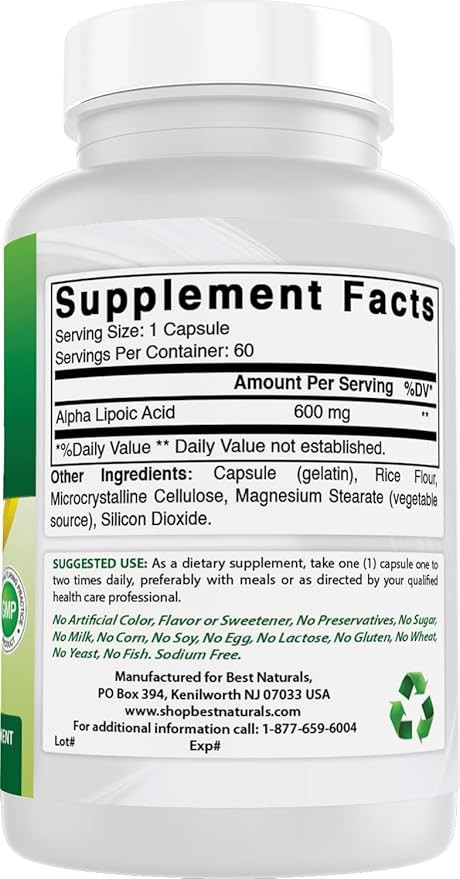 Best Naturals Alpha Lipoic Acid 600 mg 60 Capsules - ALA Powerful Antioxidant (60 Count (Pack of 2))