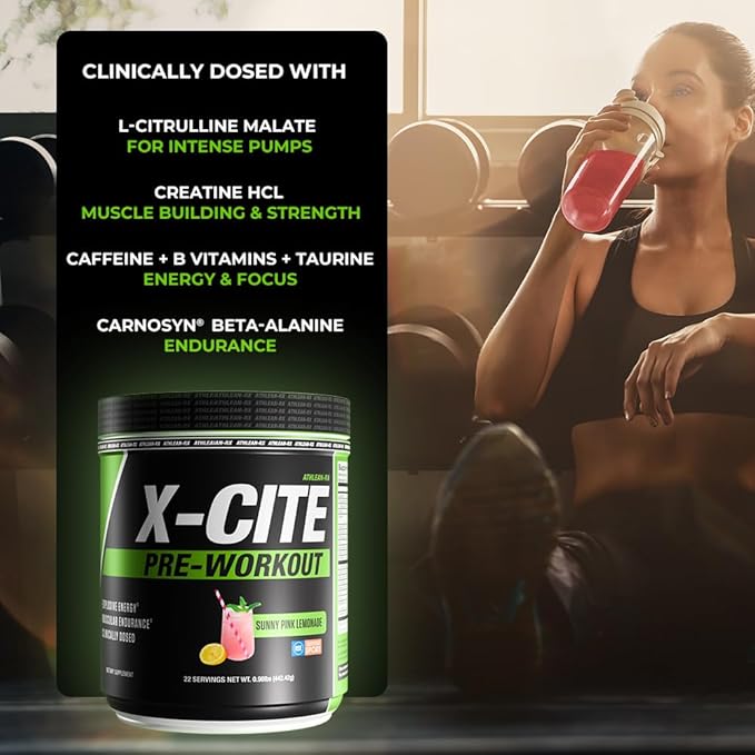 X-CITE Pre-Workout by ATHLEAN-X - Enhanced Formula with Beta-Alanine Creatine &amp Caffeine for Ultimate Energy Endurance Focus &amp Muscle Pump NSF Certified for Sports (Sunny Pink Lemonade)