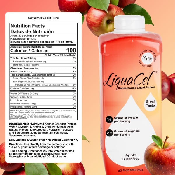 LiquaCel Concentrated Liquid Protein Apple Flavor Ready-to-Drink 16g Hydrolyzed Collagen Protein and 2.5g Arginine Per 1oz Serving Sugar &amp Gluten Free 32 fl oz Bottle Case of 6