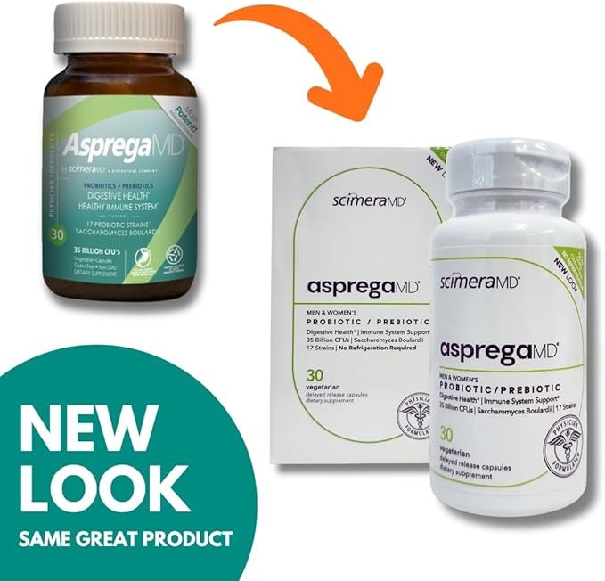 Asprega 30CT - Probiotic + Prebiotic Supplement | 17 Strains 35 Billion CFUs | Delayed Release | Saccharomyces Boulardii | for Men &amp Women | by ScimeraMD 2-Pack