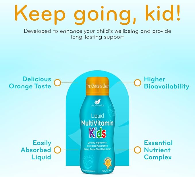 Sugar Free Liquid Multivitamin for Kids - High Absorption Kids Liquid Multivitamin with Vitamins A C D E &amp B Complex Plus Quercetin Immune Support Complex - 3rd Party Tested - Orange Flavor (1 Mon