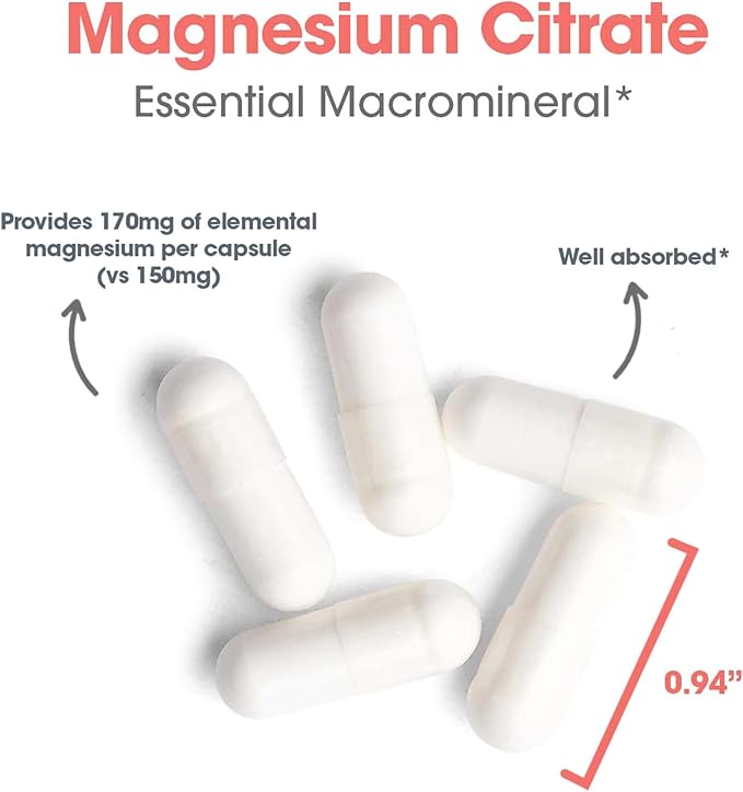 Allergy Research Group Magnesium Citrate - Supports Energy Levels Bone Health &amp Stress Response - Delivers 170 mg Magnesium Citrate - Bioavailable - 180 Servings - 180 Capsules