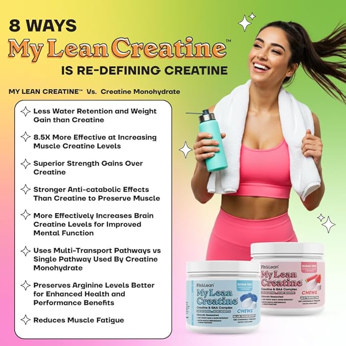 Fit &amp Lean Creatine for Women My Lean Creatine Chewable Tablets Creatine Monohydrate with GAA Muscle Performance Cognitive Function No Bloating Reduced Water Retention Watermelon 30 Servin