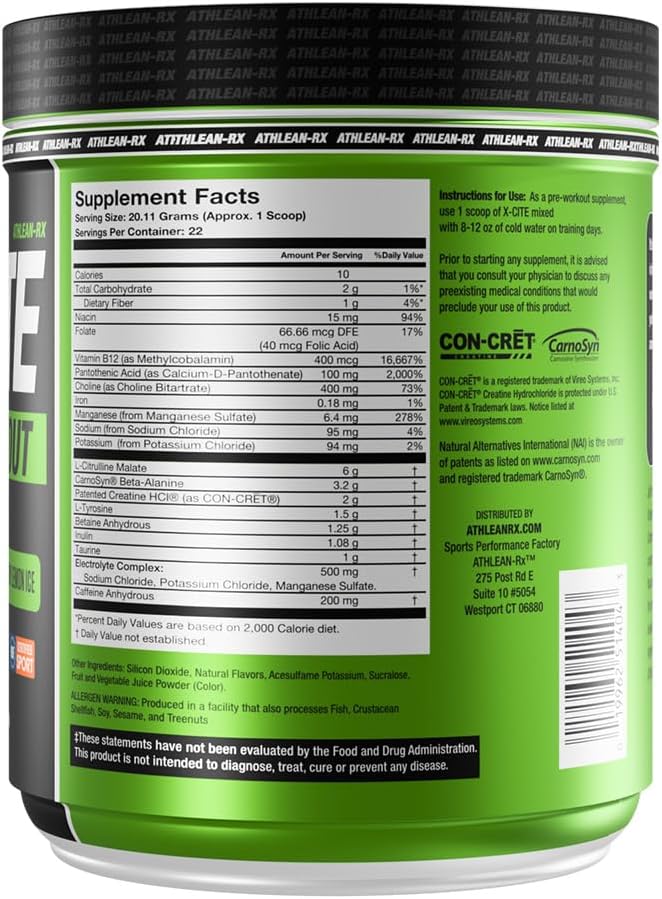 X-CITE Pre-Workout by ATHLEAN-X - Enhanced Formula with Beta-Alanine Creatine &amp Caffeine for Ultimate Energy Endurance Focus &amp Muscle Pump NSF Certified for Sports (Cherry Lemon Ice)