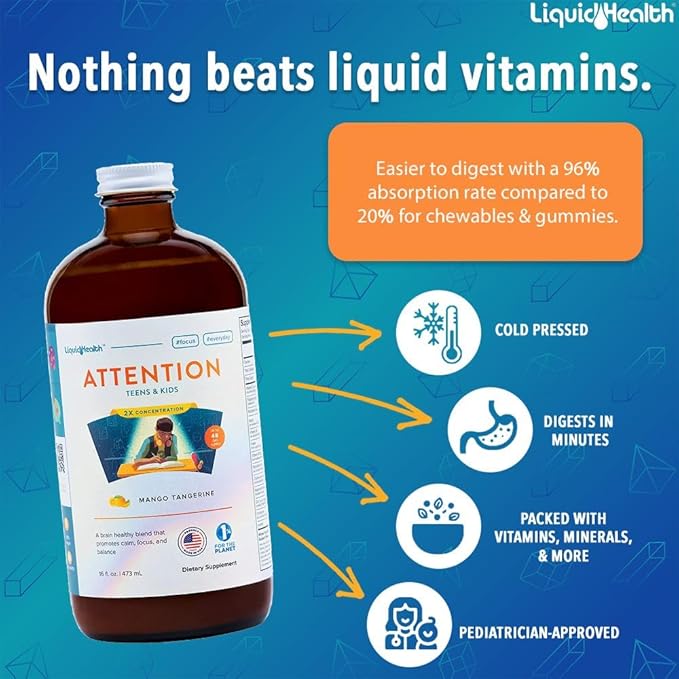 LIQUIDHEALTH Children's Complete Multivitamin &amp Attention Teens &amp Kids Liquid Vitamin Bundle for Children - Immune Support Improve Focus Concentration Boost Mood - Vegan Non-GMO Made in U