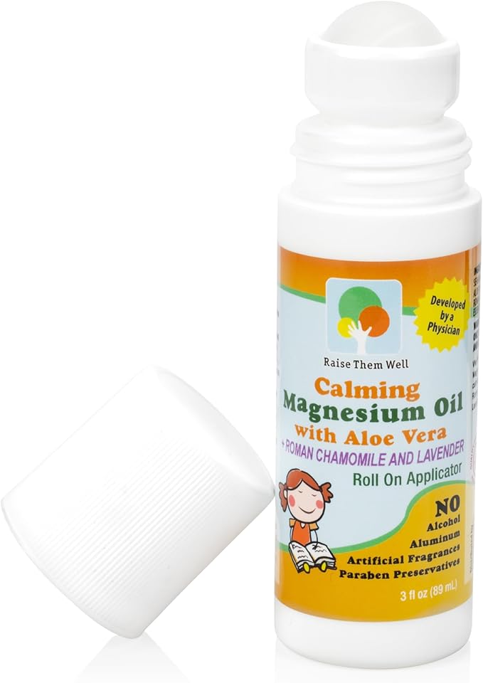 Magnesium Oil Calming Roll-On for Kids with Aloe Vera Roman Chamomile &amp Lavender Natural Relaxation Support for Anxiety Nervousness &amp Hyperactivity Gentle Formula for Daily Use 3 fl oz