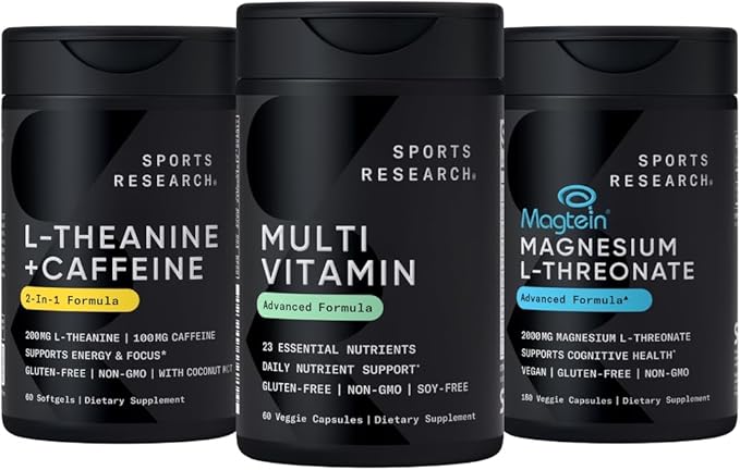 Sports Research® Energy Production Pack - 23 Essential Vitamins &amp Minerals with CoQ10 &amp Iodine - Daily Nutrient Support + L-Theanine Supplement + Caffeine &amp MCT Oil + Magnesium L-Threonate