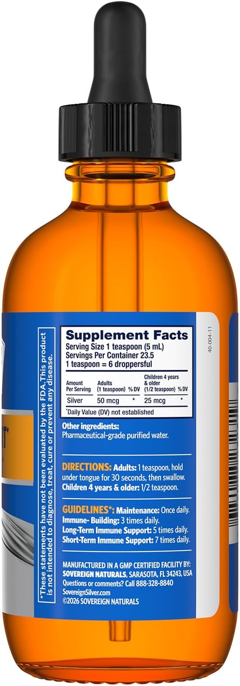 Sovereign Silver Immune Support - Colloidal Silver Bio-Active Silver Hydrosol 10 ppm Liquid Dropper 4 Fl Oz (118 mL)
