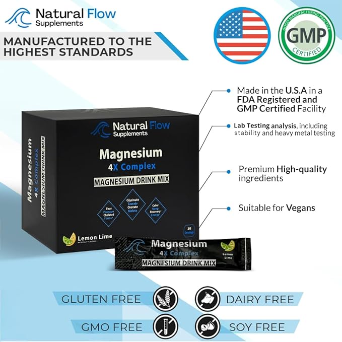 Magnesium Powder Drink Mix - Lemon/Lime - Natural Flow 4X Magnesium Glycinate Taurate Malate Orotate Supplement Calm Sleep and Cramp Support Blend No Mag Citrate or Oxide 30 Packs (Drink Mix)