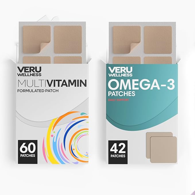 Veru Wellness Daily Essentials Duo Lifestyle Patches - Omega3 - Self Adhesive Time Release Topical Patch 8-10 Hours (42 Day Supply)