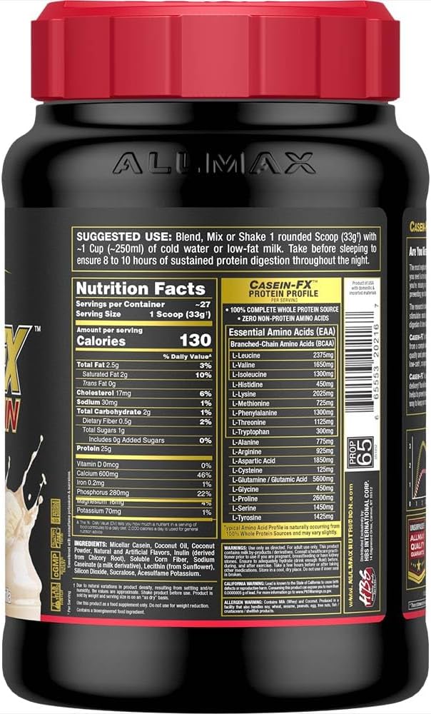 ALLMAX Casein-FX Protein Vanilla - 2 lb - 25 Grams of Slow-Release Protein Per Scoop - Low Carb &amp Zero Added Sugar - Approximate 27 Servings