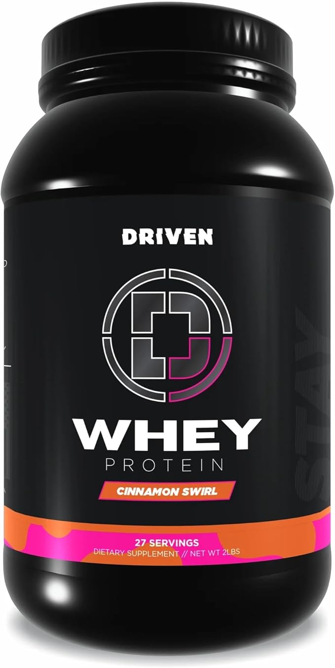 Driven WHEY- Grass Fed Whey Protein Powder: Delicious Clean Protein Shake- Improve Muscle Recovery with 23 Grams of Protein with Added BCAA and Digestive Enzymes (2 lb Cinnamon Roll)