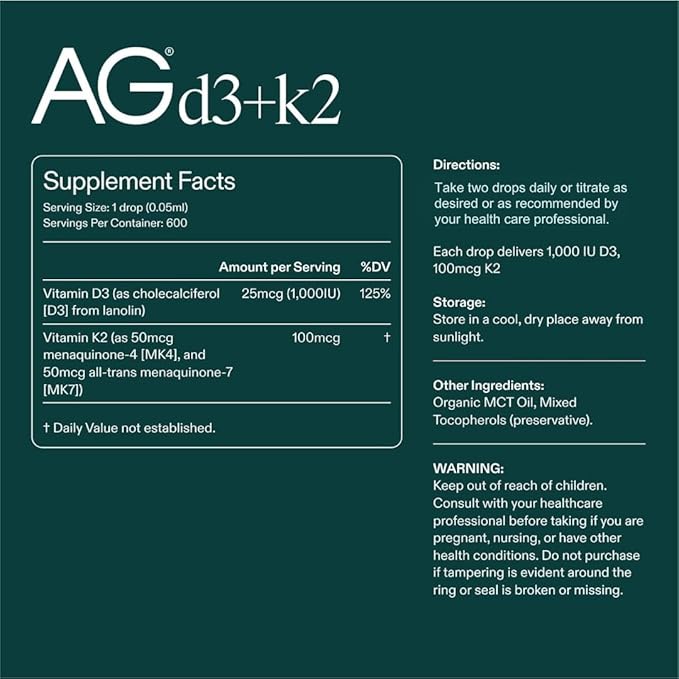 AG1 Vitamin D3 K2 Drops 1000IU of Vitamin D3 and 100mcg of K2 per Serving Supports Bone Density and Calcium Absorption (Athletic Greens)
