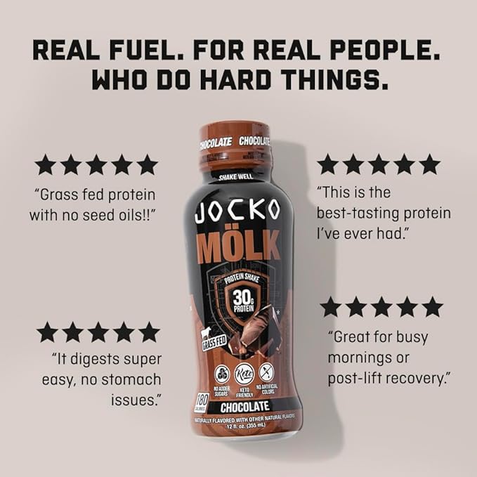 Jocko Mölk 30g Grass Fed Protein Shakes – No Added Sugar Protein Drinks KETO Friendly - Ready to Drink 12 FL Oz (Pack of 12) Vanilla