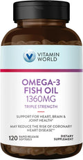 Vitamin World Triple Strength Omega 3 Fish Oil 1360 mg Supplement 950 mg Active Omega-3 Fatty Acids with EPA &amp DHA Supports Heart Brain &amp Joint Health Gluten Free 120 Softgels 4 Months S