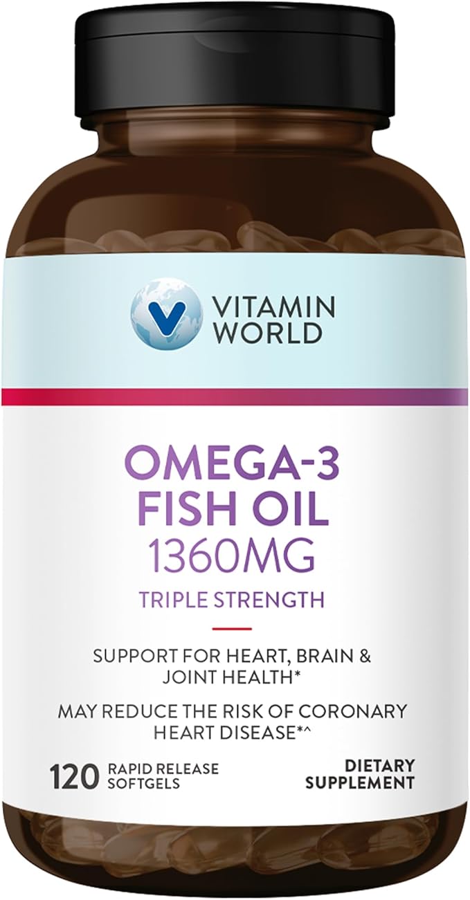 Vitamin World Triple Strength Omega 3 Fish Oil 1360 mg Supplement 950 mg Active Omega-3 Fatty Acids with EPA &amp DHA Supports Heart Brain &amp Joint Health Gluten Free 120 Softgels 4 Months S