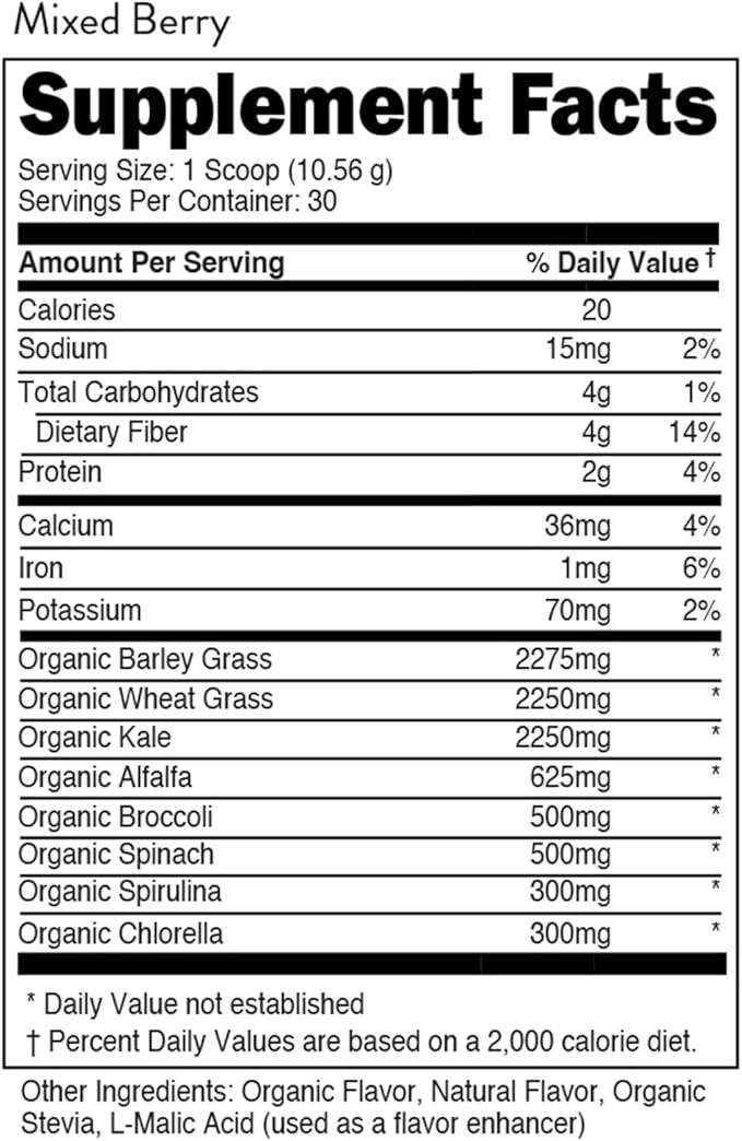 Greens Superfood Powder Mixed Berry | 8 Most Essential Mixed Greens | Certified 100% Organic | Chlorella Spinach Kale Spirulina Alfalfa Broccoli Wheat Grass &amp Barley Grass | 30 SERV | 11.17