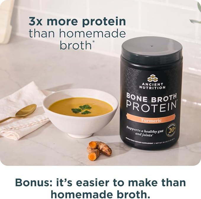 Ancient Nutrition Grass Fed Cage Free Bone Broth Protein Powder 20g Protein Hydrolyzed Collagen Peptides Keto &amp Paleo Friendly Supports Joint &amp Gut Health Turmeric 20 Servings