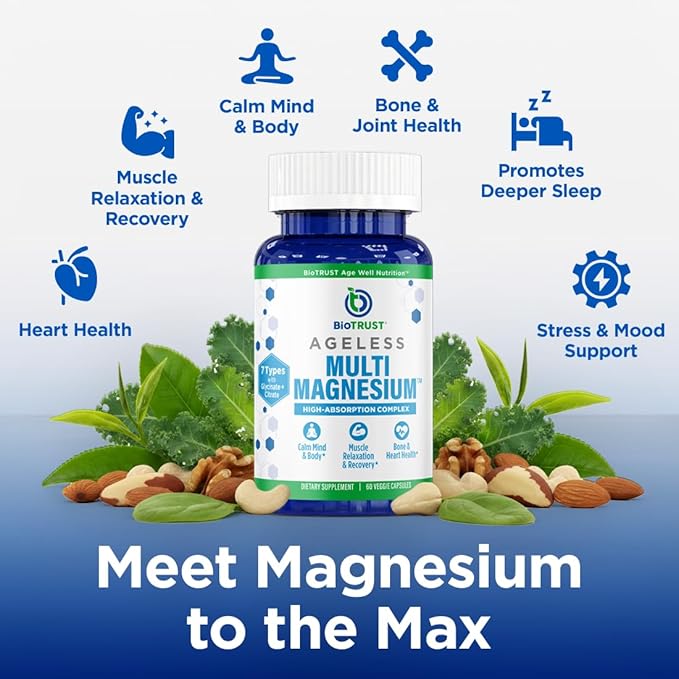 BioTrust Multi Magnesium Complex - High-Absorption 7-in-1 Supplement with Glycinate Malate Citrate Taurate Sucrosomial &amp More for Relaxation Focus Muscle Support - B6 &amp L-Theanine 60 Ca