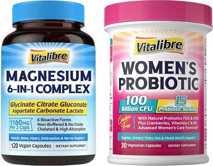 Women's Probiotics 100 Billion CFU 30 Capsules &amp Magnesium Complex Supplement 6 in 1 120 Capsules