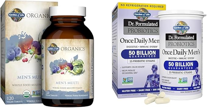 Garden of Life Men's Organic Whole Food Multivitamin and Probiotics Digestive &amp Immune Health Supplement 120 Tablets 30 Capsules