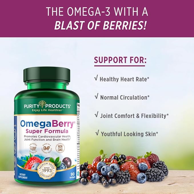 Purity Products OmegaBerry Fish Oil w/Vitamin D3 + Organic Acai Super Formula - 1875 mg of Concentrated Molecularly Distilled Ultra Pure Omega-3s 1080 mg EPA + 720mg DHA + 120 mg DPA - 90 Count