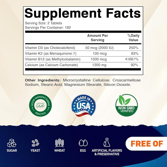 Vitamatic Calcium Supplement 1200mg with D3 K2 &amp B12 Immune &amp Bone Health Support - 365 Coated Tablets- 2 Pack
