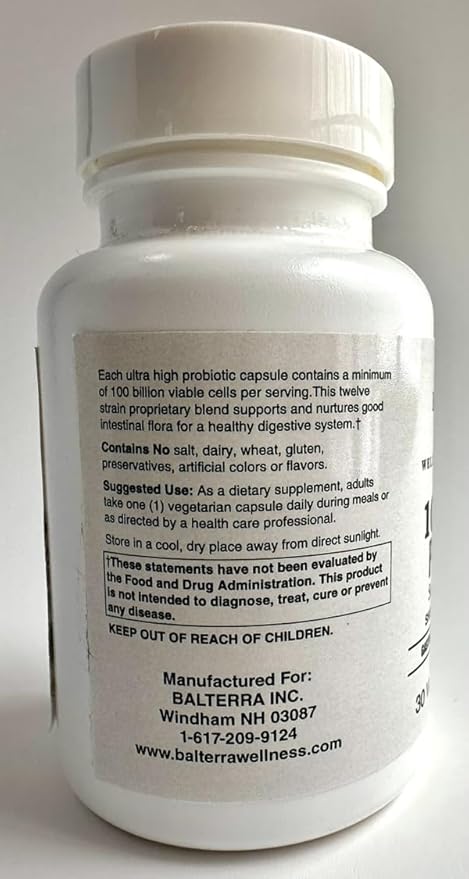 100 Billion Probiotic by Balterra — 30 Vegetarian Capsules — Digestive &amp Immune Support — 12 Strains Shelf-Stable