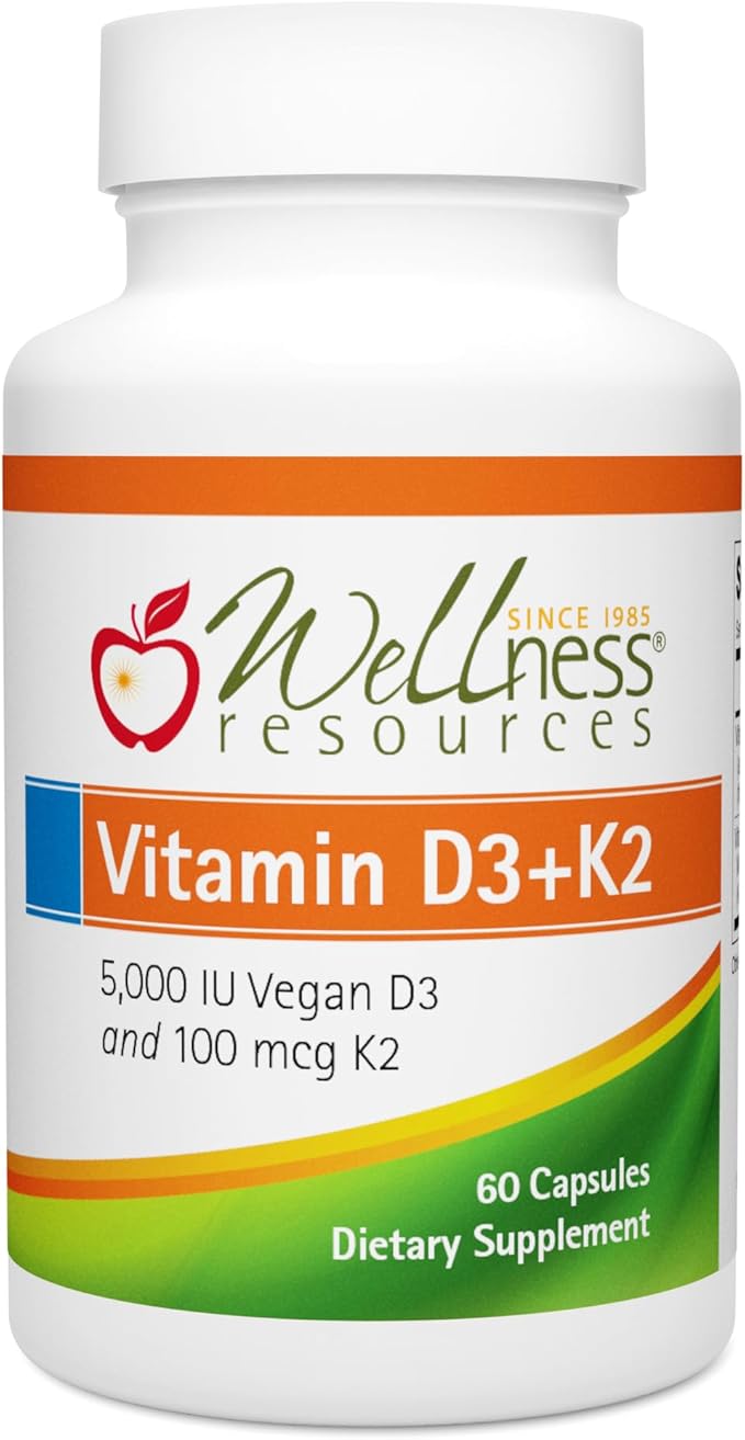 Wellness Resources Vegan Vitamin D3 5000 IU and Vitamin K2 100 mcg 2 in 1 Vitamin D3 K2 MK-7 for Bone Health Immunity &amp Arterial Health Plant Based D3 MK7 Vitamin D Third Party Tested 60 Capsu