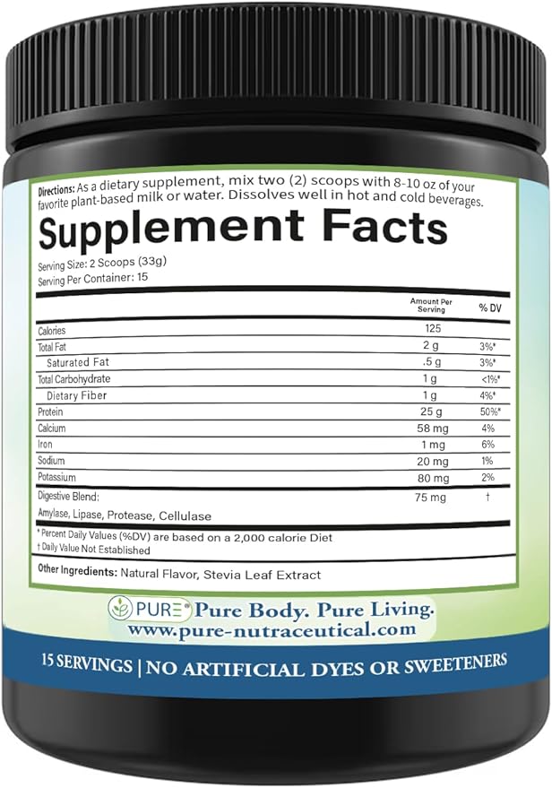 PURE® Vegan Protein Powder - 25g Plant Based Protein 15 Servings - Pea &amp Mung Bean Blend with Digestive Enzymes - Dairy-Free - Muscle Recovery &amp Appetite Control - Vanilla 495 Grams