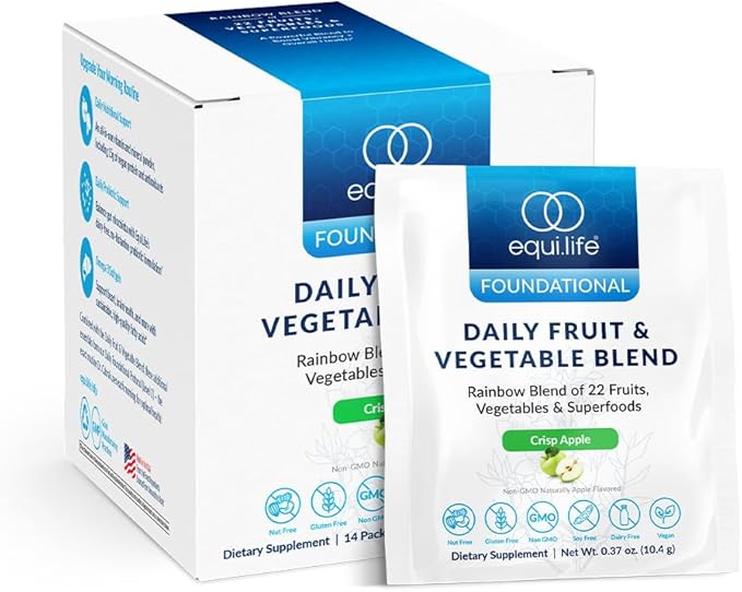 Equilife Daily Fruit &amp Vegetable Blend Superfood Antioxidant Supplement Crisp Apple Flavor with Vitamin C Fiber and 9 Essential Amino Acids Supports Energy Vegan 14 Single Serve Packets