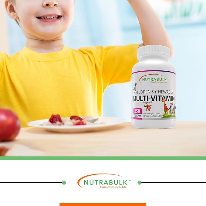 NutraBulk Children’s Chewable Multi-Vitamins - Promoting Kids' Overall Development - USA-Made May Help to Support Immune Bone Brain &amp Overall Well Being- Vegan &amp Gluten Free - 250 Cherry Ta