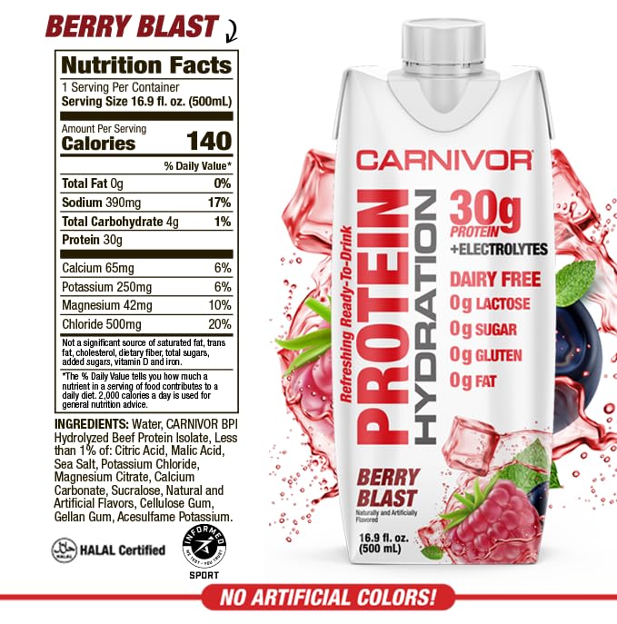 MuscleMeds Carnivor Protein Hydration RTD Ready to Drink Lactose Free Sugar Free 30g Isolate Protein Halal Certified Berry Blast 16.9 Fl Oz (Pack of 12)