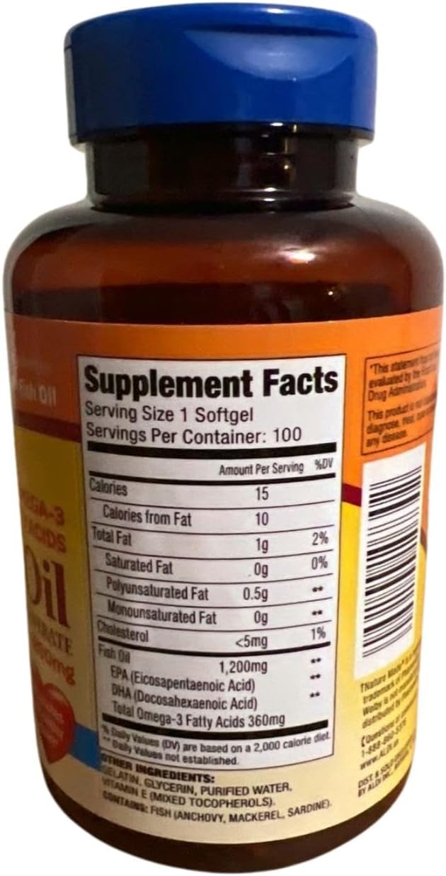 Generic Omega-3 Fish Oil Concentrate 1200mg 100 Softgels Promotes Healthy Heart Mercury-Free Dietary Supplement Yellow