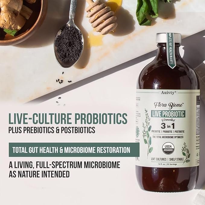 Flora Biome Live Probiotic Liquid 3-in-1 Probiotic + Prebiotic + Postbiotic 30 Billion CFU (at Time of Manufacture) 10 Strains Fermented Herbal Blend with 18 Herbs Shelf Stable 16 fl oz