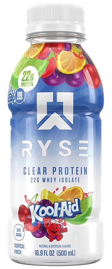 RYSE Clear Protein Shake - Kool-Aid Tropical Punch - 100 Calories 22g Whey Isolate Protein Sugar-Free 0g Fat &amp Lactose-Free - Refreshing Ready-to-Drink Beverage - 16.9 fl oz Bottle (1-Pack)