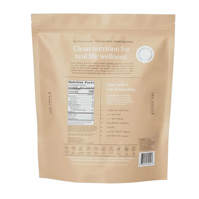 Be Well by Kelly Chai Grass-Fed Beef Protein Powder 23G of Protein &amp 1G of Carbs (3 Ingredients 30 Servings) 9 Amino Acids + 3 BCAAs No Soy No Dairy Stevia-Free No Sugar Added 1.65lb 750g