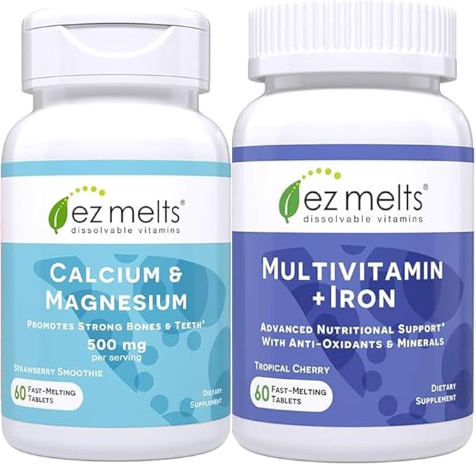 EZ Melts Calcium and Magnesium Supplement and Multivitamin with Iron Bundle Sugar Free 1 Month Supply