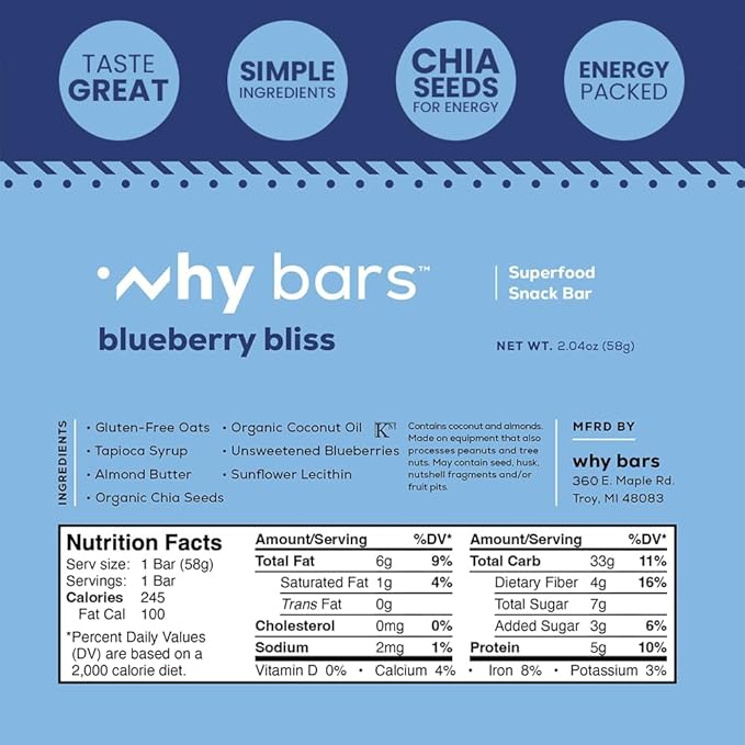 Why Bars Superfood Protein Bars 2.04 Ounce Bars - Protein Bar Superfood Gluten Free Non GMO Organic Vegan Simple Ingredients (Blueberry)