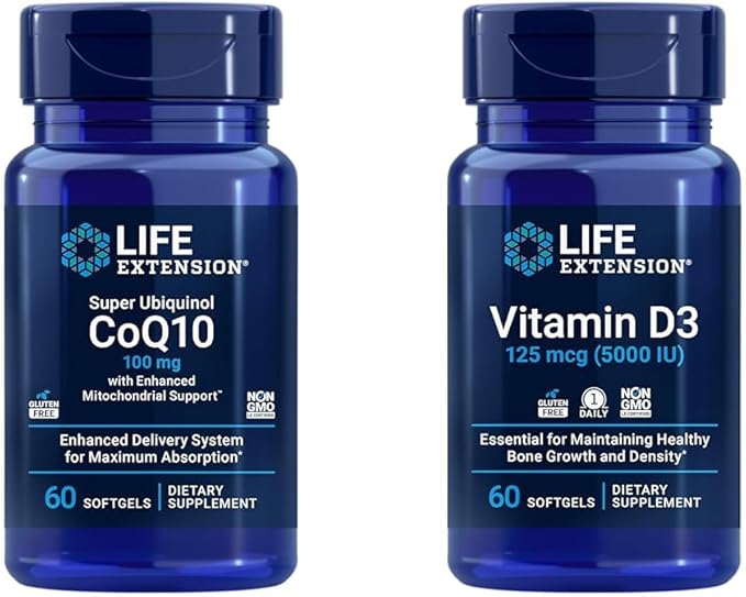 Life Extension Super Ubiquinol CoQ10 with Enhanced Mitochondrial Support &amp Vitamin D3 125 mcg (5000 IU) Bone Health