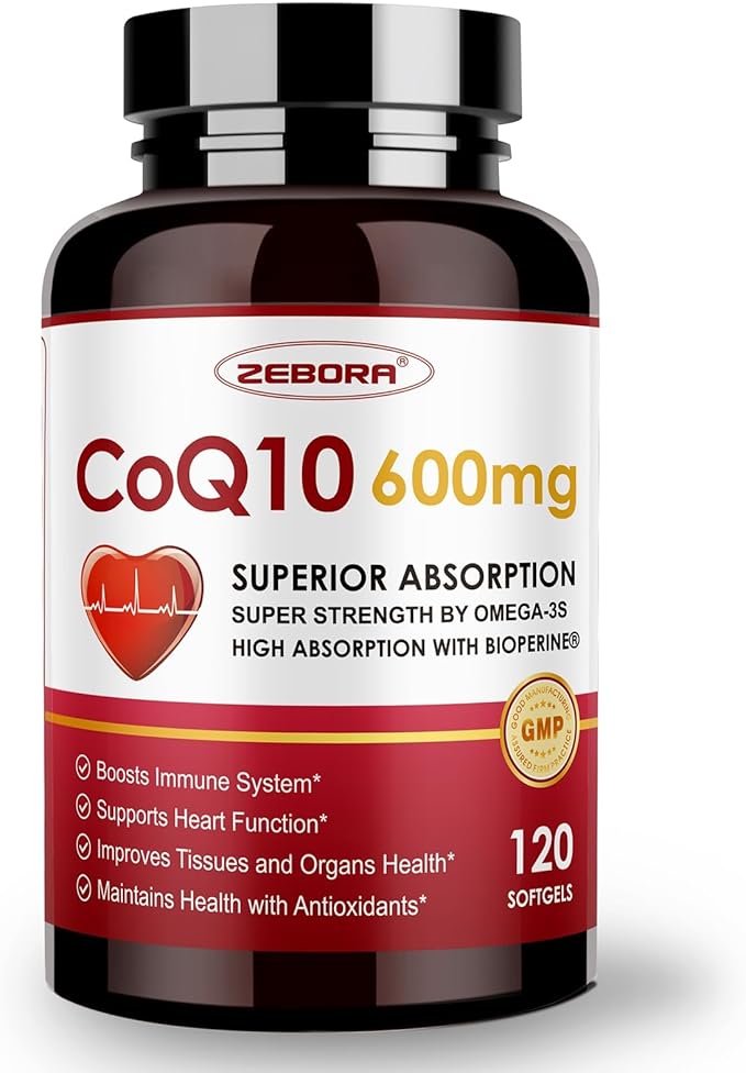 ZEBORA CoQ10-600mg-Softgels - Extra Strength Coenzyme Q10 with PQQ Omega-3 &amp BioPerine - High Absorption CoQ10 Supplements Antioxidant (Ubiquinone) for Heart Health &amp Energy Production 120 S