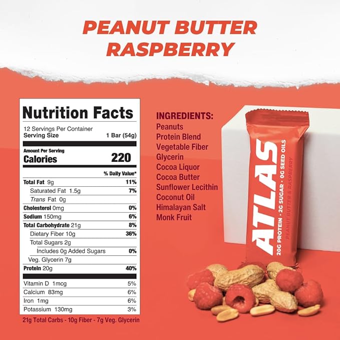 Atlas Real Food Protein Bar – 20g Clean Protein 2g Sugar No Seed Oils No Artificial Sweeteners (Peanut Butter &amp Raspberry 24 Count)