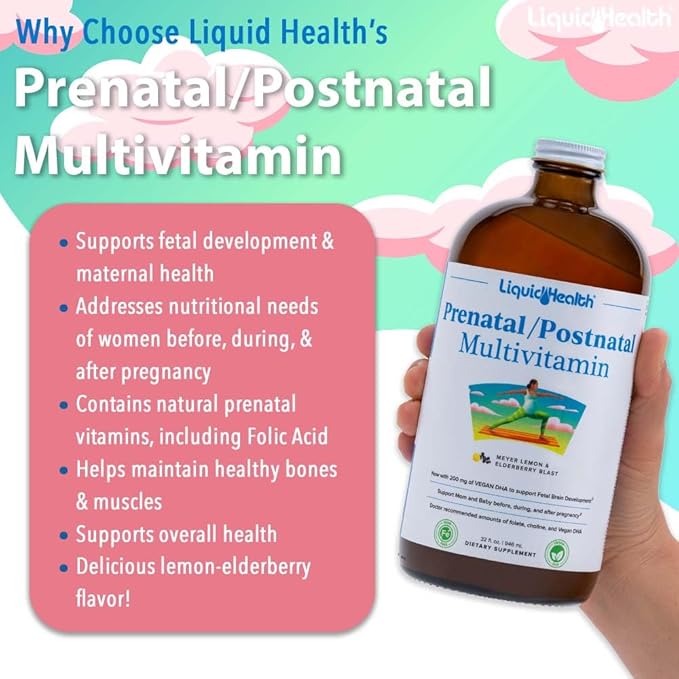 LIQUIDHEALTH Prenatal/Postnatal Multiple Liquid Women's Multivitamin with Real Folate - Pre &amp Postnatal Vitamins for Before During After Pregnancy - Made in USA Vegan Sugar-Free Non-GMO (2 Pa